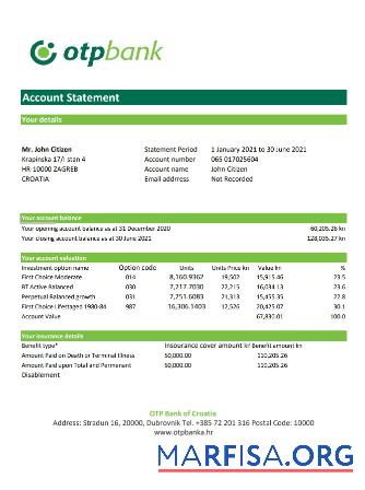 Realistic Croatia OTP bank statement excel example
